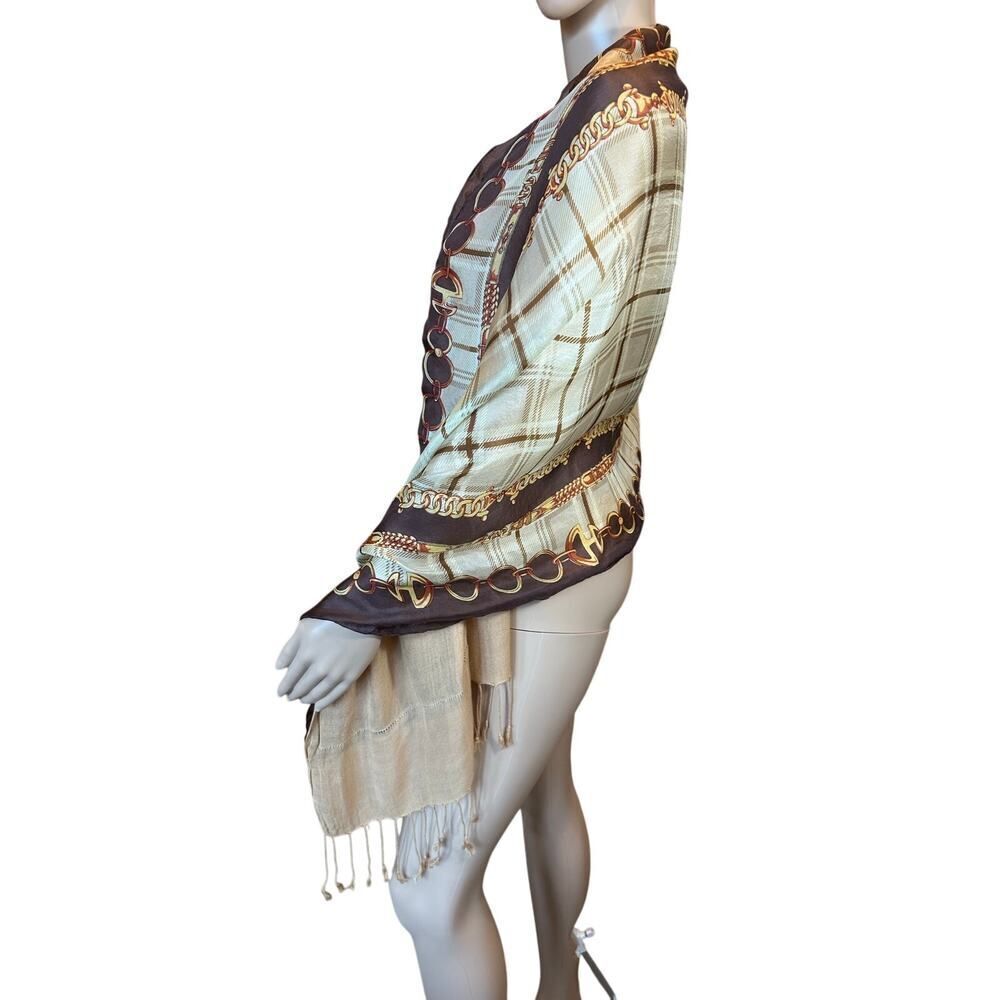 Equestrian Chain Motif 100% Silk Long 58”L x 25.5”W Gold Cowgirl Western Scarf - Picture 9 of 11